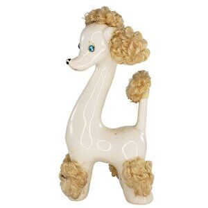Mid Century Long Neck Poodle Figurine Blue Rhinestone Eyes Fuzzy Hair